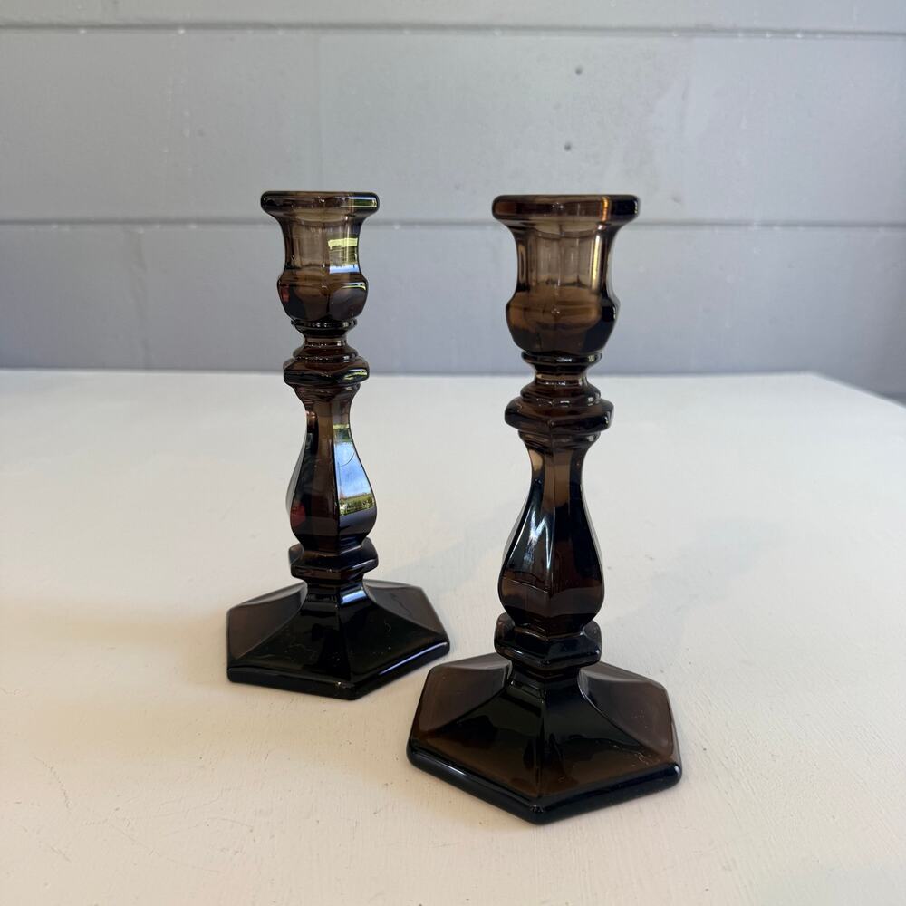 Vintage Mosser Glass Amethyst Candlestick Holders Set of 2, 7.5" Purple Taper